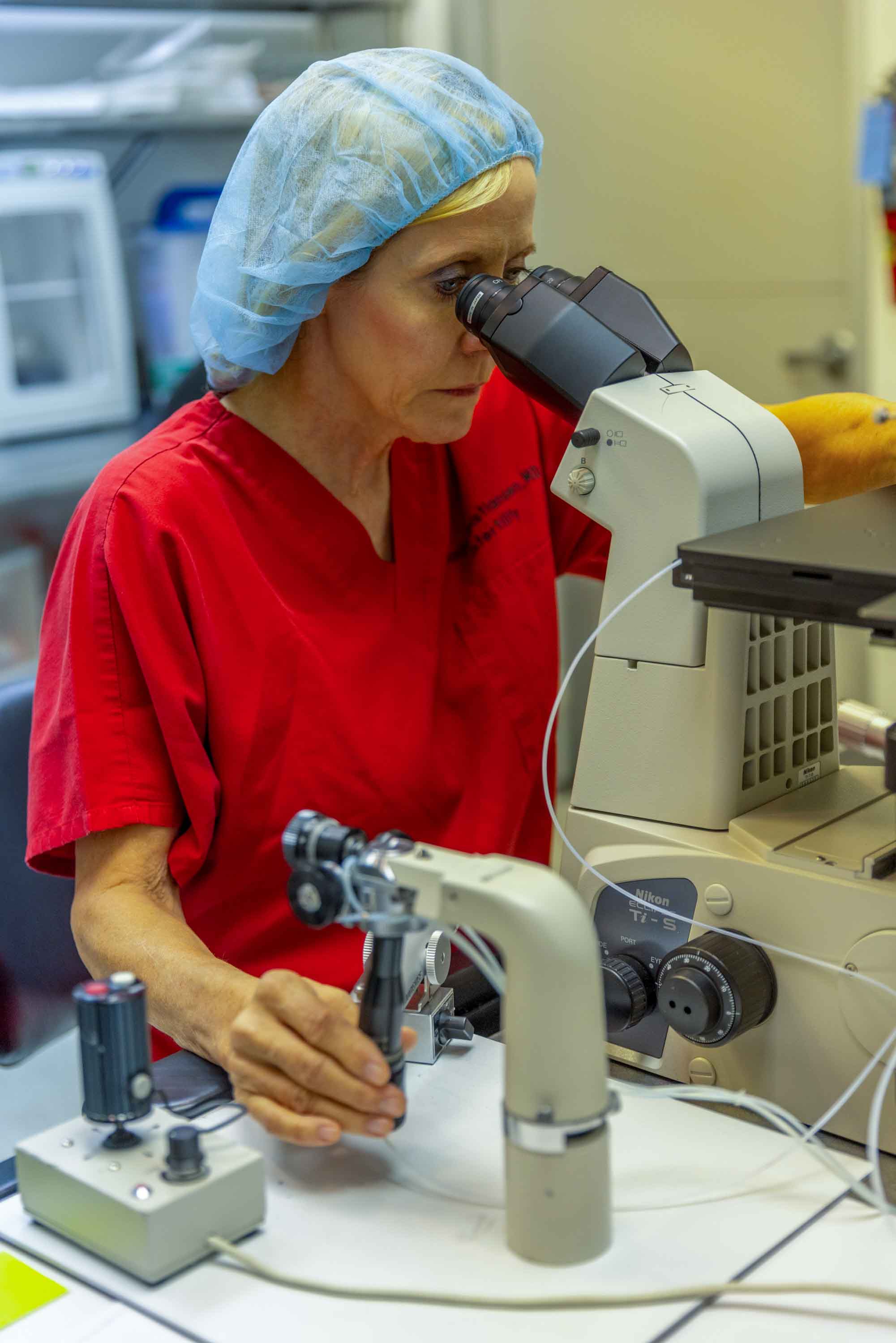 Dr. Sonja Kristiansen examining samples under a microscope in a fertility lab