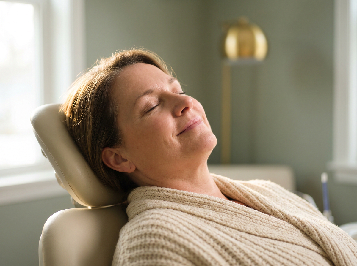 Woman laying in a chair smiling