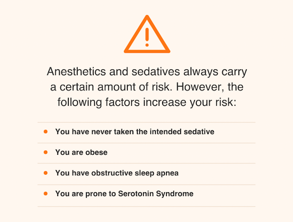 anesthetics and sedatives always carry a certain amount of risk. However, the following factors increase your risk: you have never taken the intended sedative, you are obese, you have obstructive sleep apnea, you are prone to seratonin syndrome