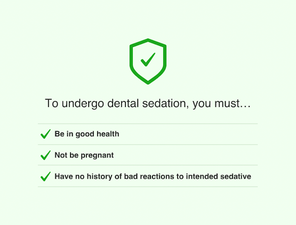 to undergo dental sedation, you must: be in good health, not be pregnant, have no history of bad reaction to intended sedative