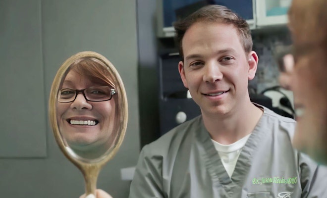 Woman with beautiful smile and dentist in the background