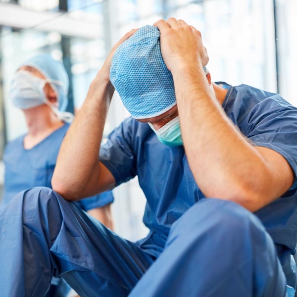 Doctor with head in hands