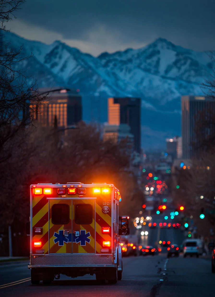 Ambulance with lights on driving through a city street at night