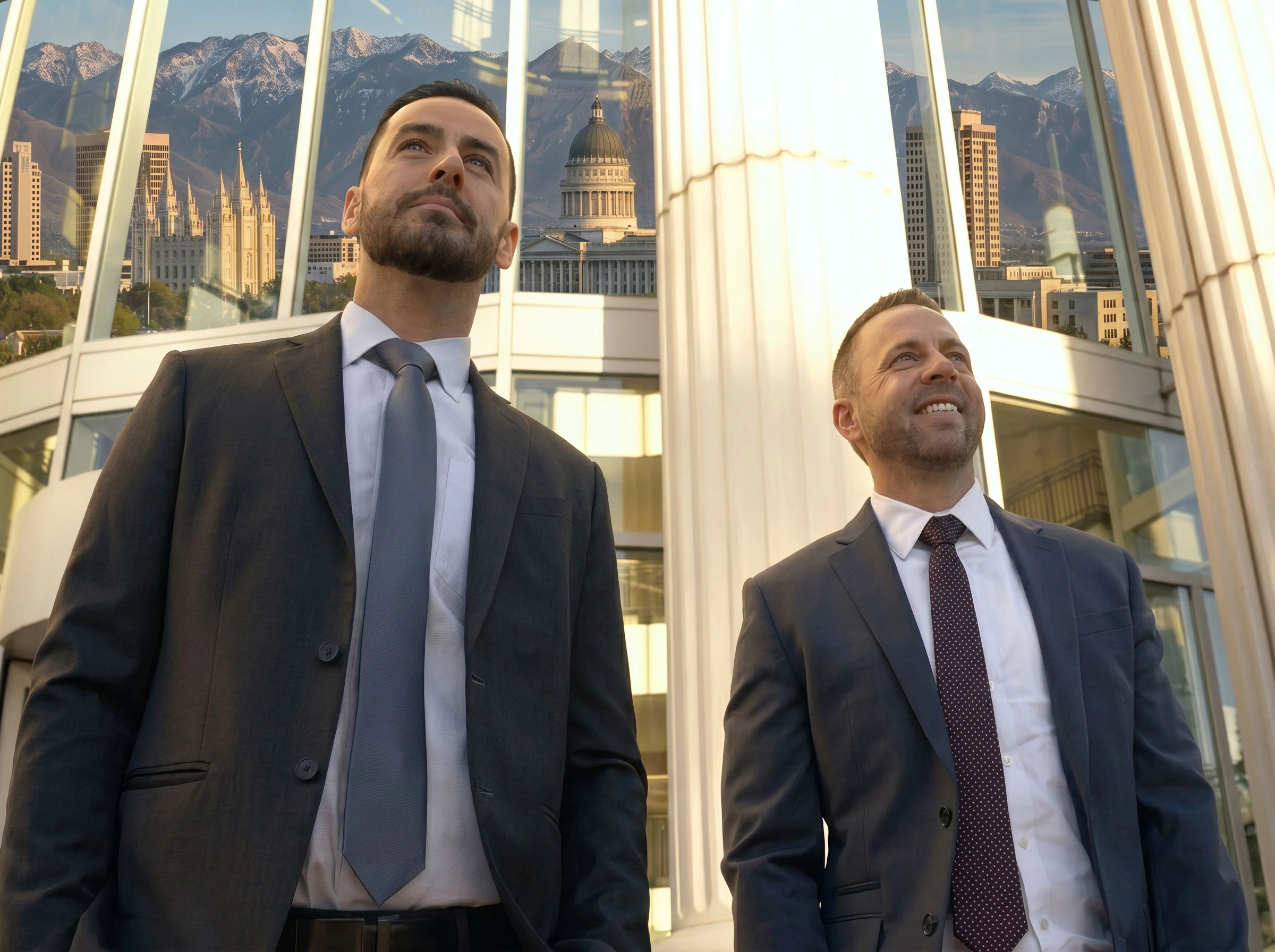 John Macfarlane and Ashton Hyde looking out at the city