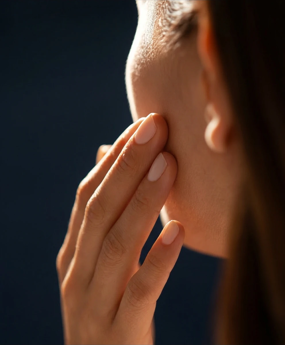 woman touching her cheek