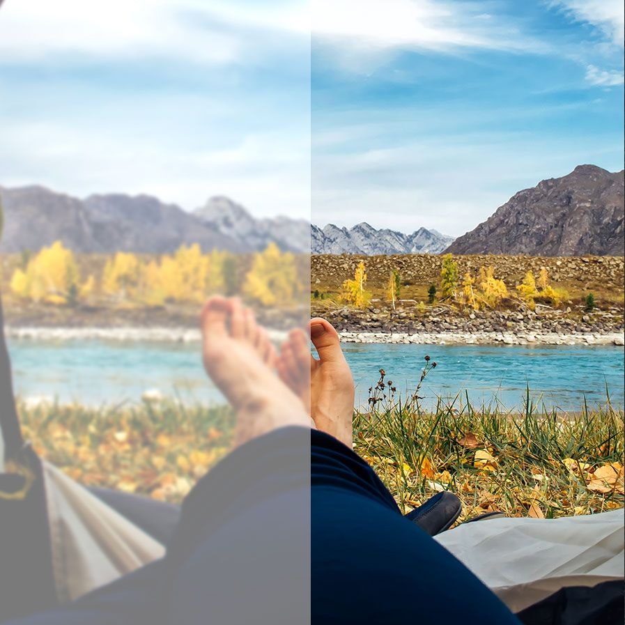 View of feet and lake before and after cataract treatment