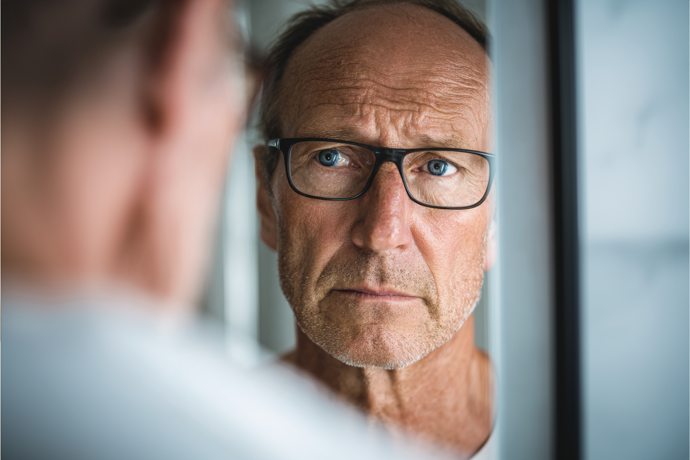 Senior man with glasses examining his vision in a mirror