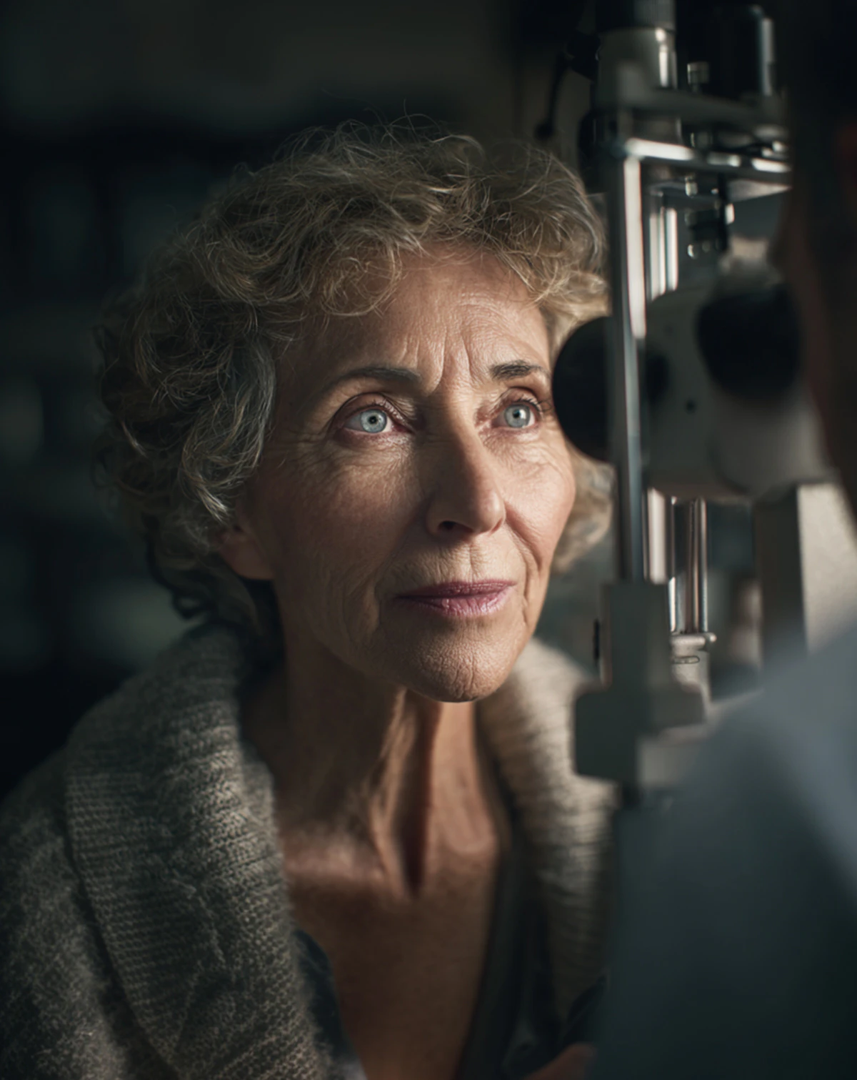 Older woman having her eyes examined with a slit lamp during an eye care appointment