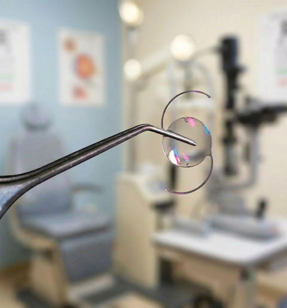 Close-up of an intraocular lens held with surgical forceps