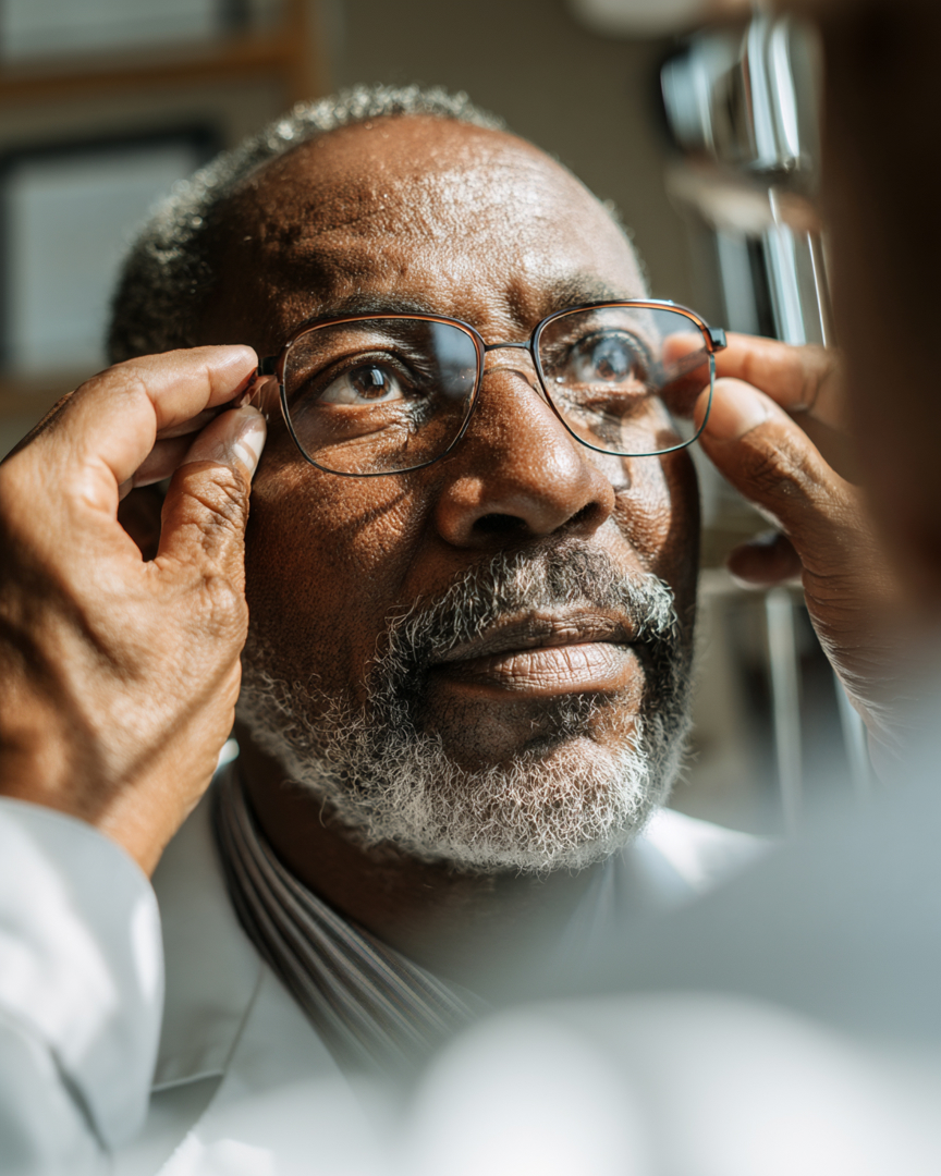 older man trying on glasses