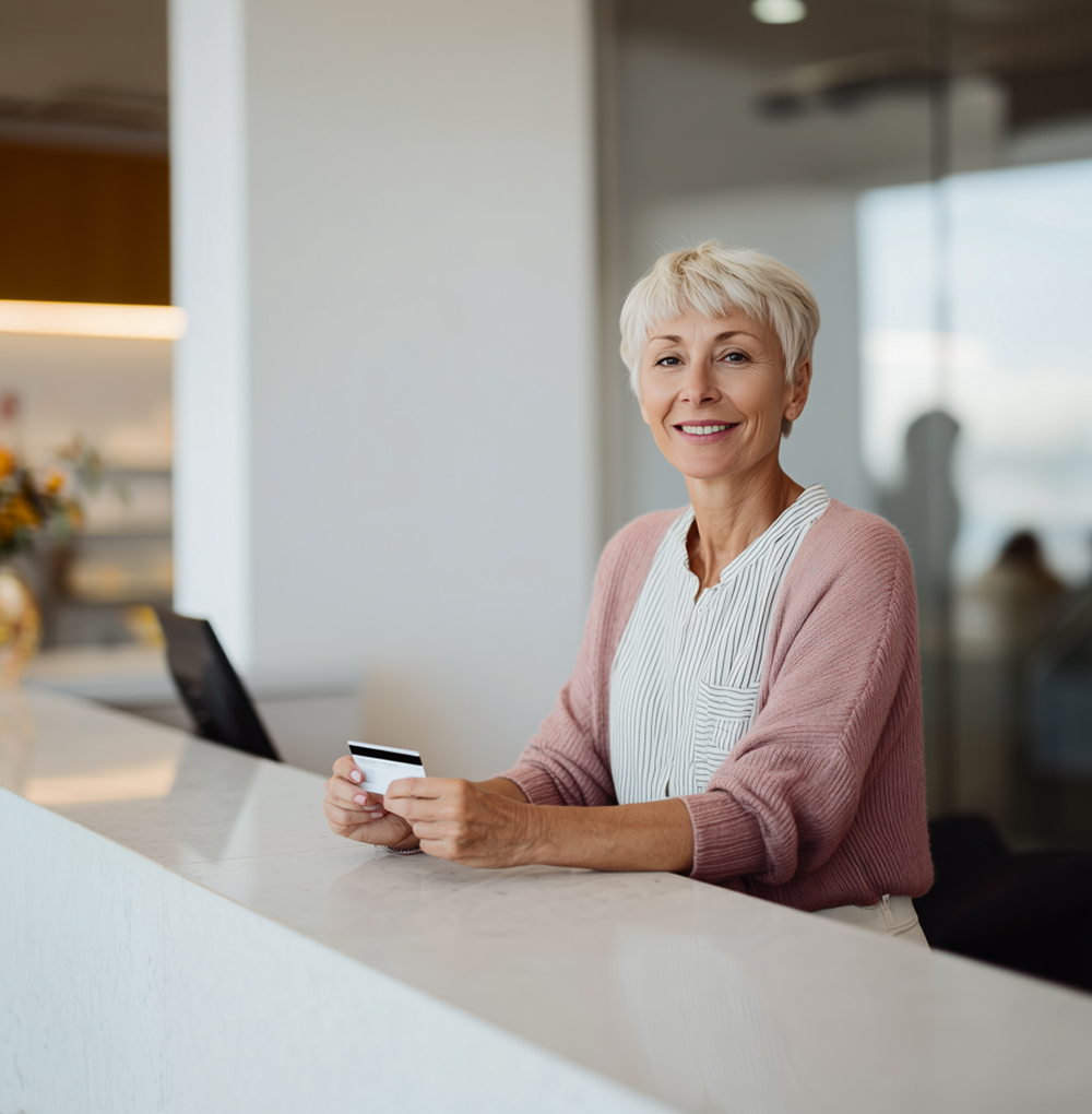 woman checking out after medical treatment