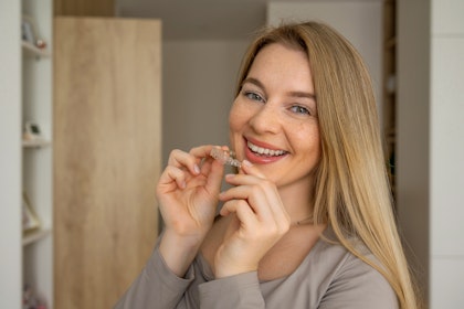 Woman placing invisalign