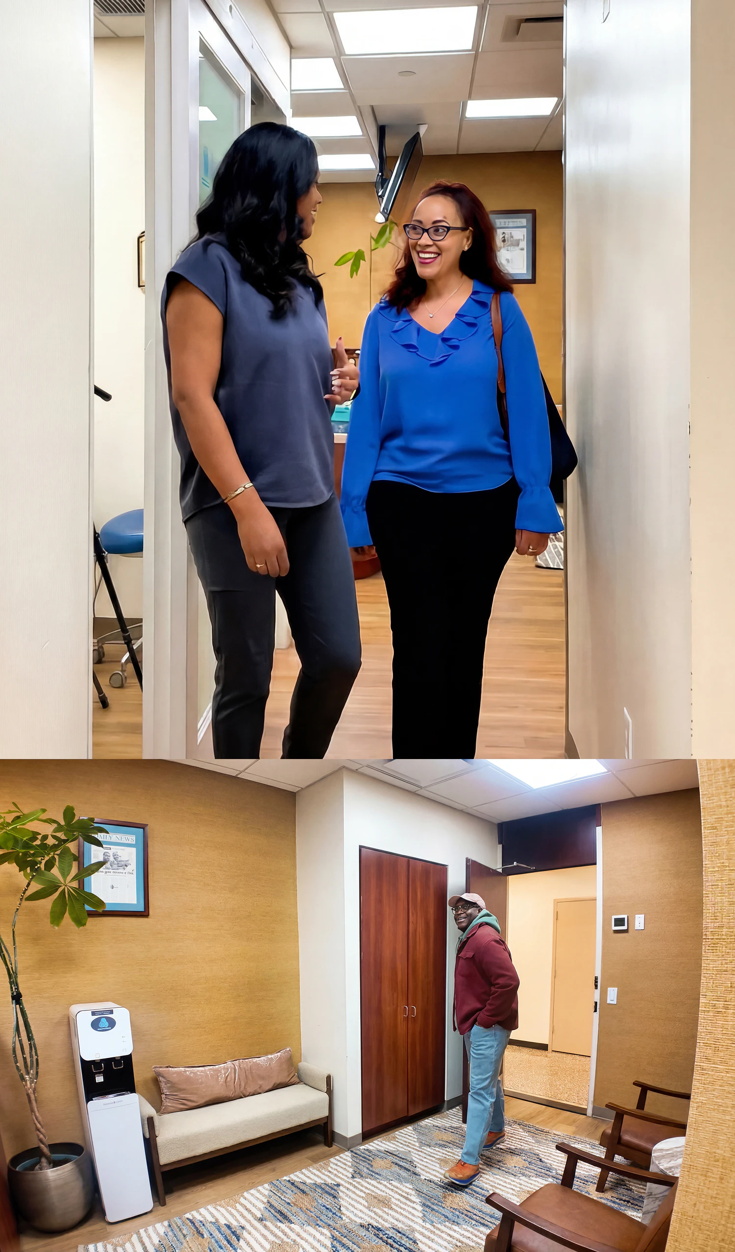 top image of staff and patient smiling at each other while walking down the hallway. Picture below of patient entering in the office.