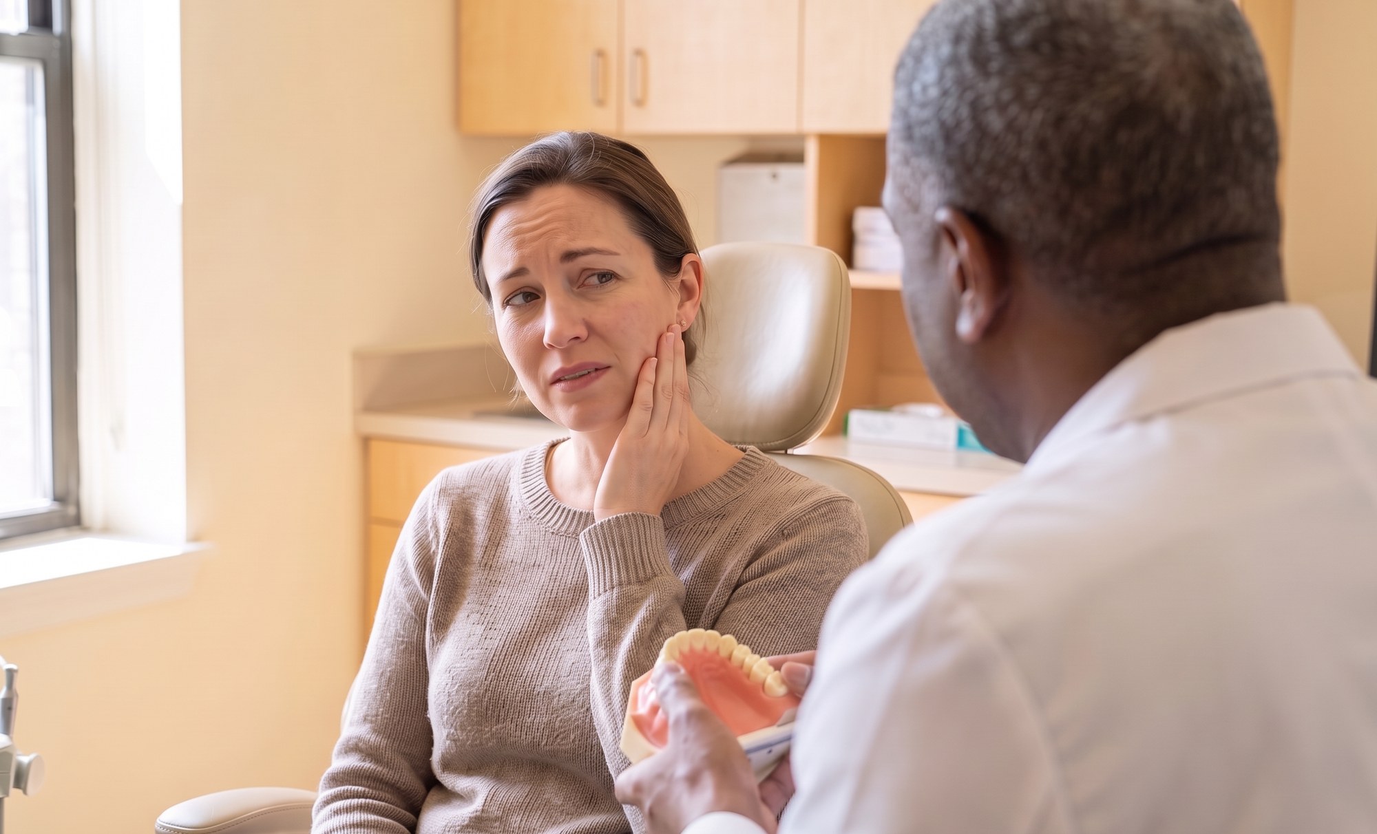 Patient touching her jaw while describing TMJ discomfort to a Brooklyn Heights Dental dentist