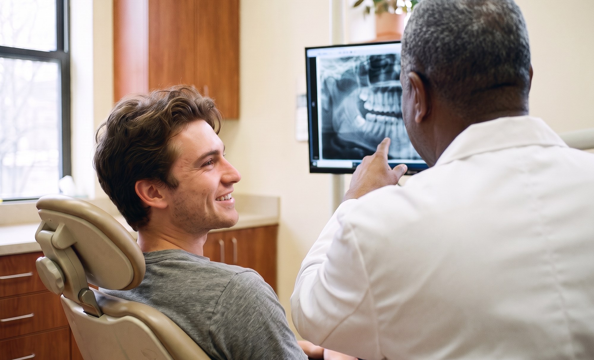 Young patient smiling while his dentist reviews a panoramic x-ray of his wisdom teeth