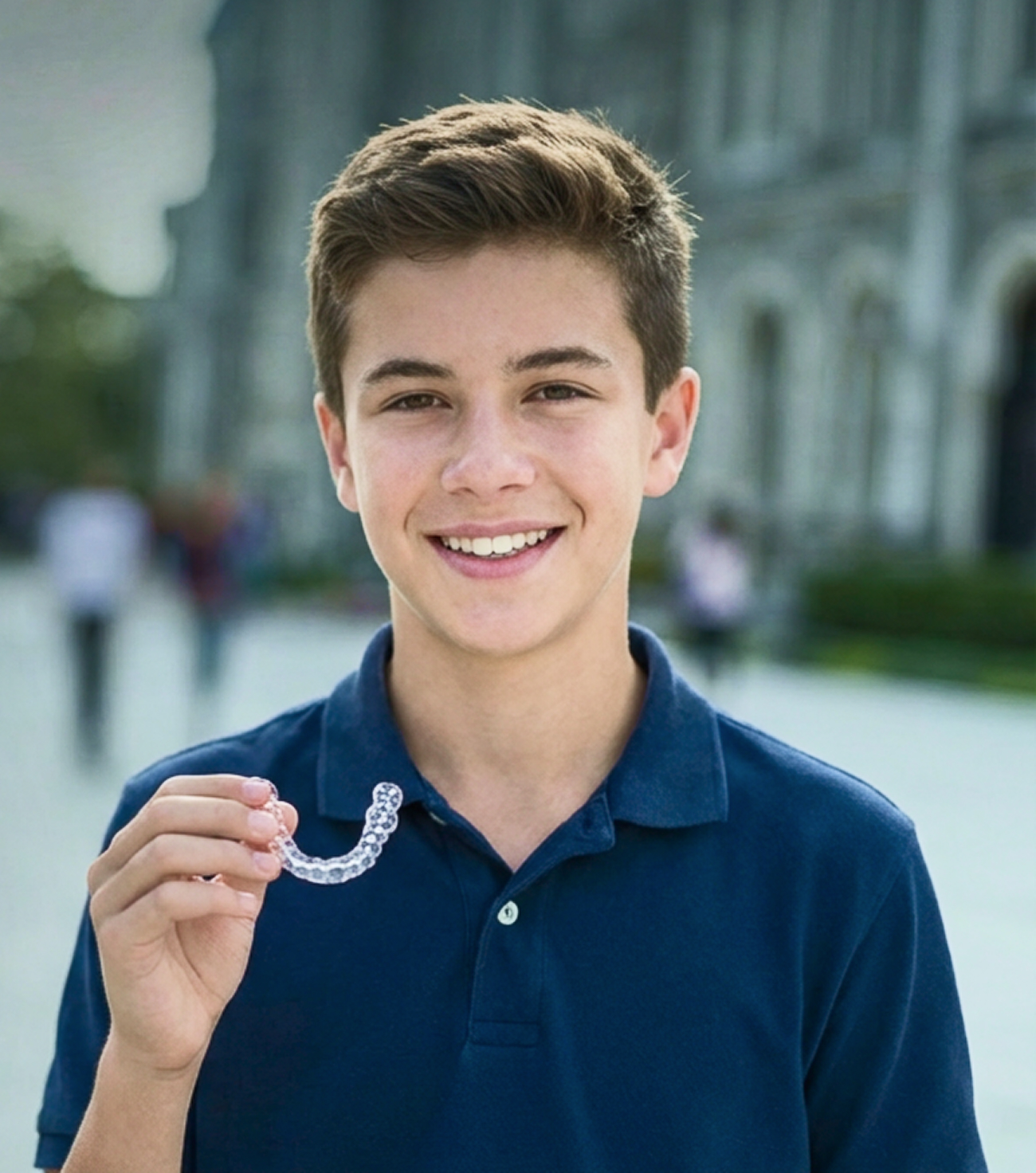 boy holding a clear aligner