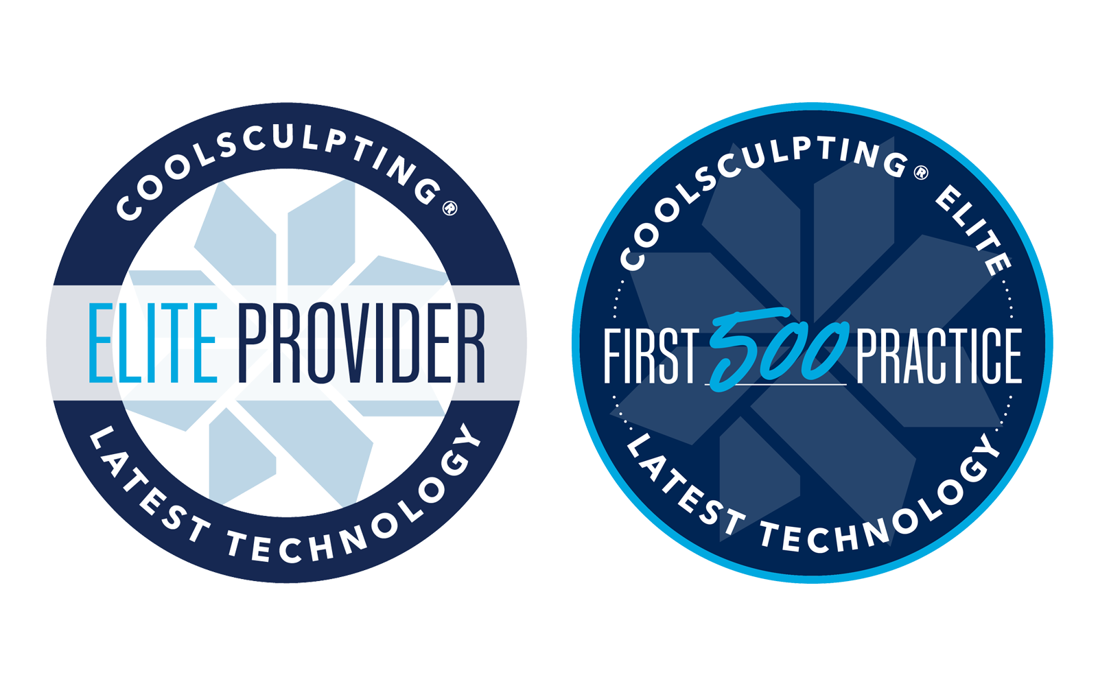 Logos for CoolSculpting Elite Provider Latest Technology and CoolSculpting Elite First 500 Practice Latest Technology