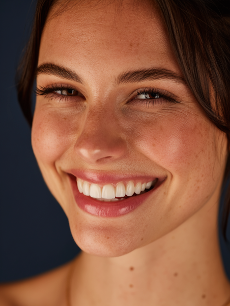 Woman smiling into handheld mirror