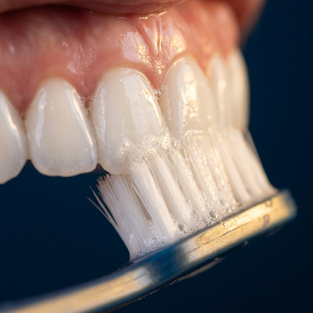 Woman flossing teeth