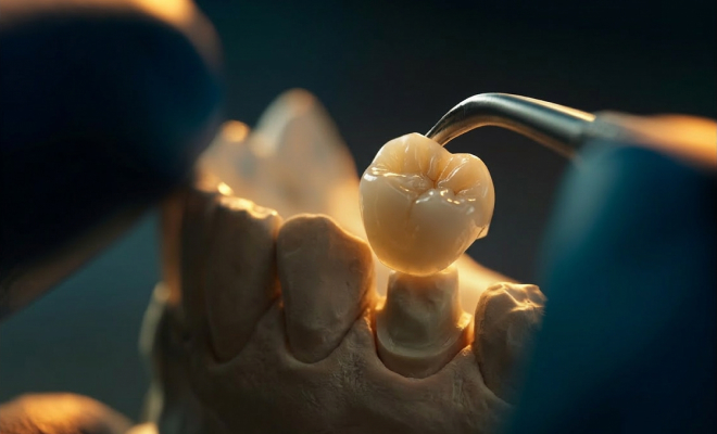 dental crown being placed in model dental arch