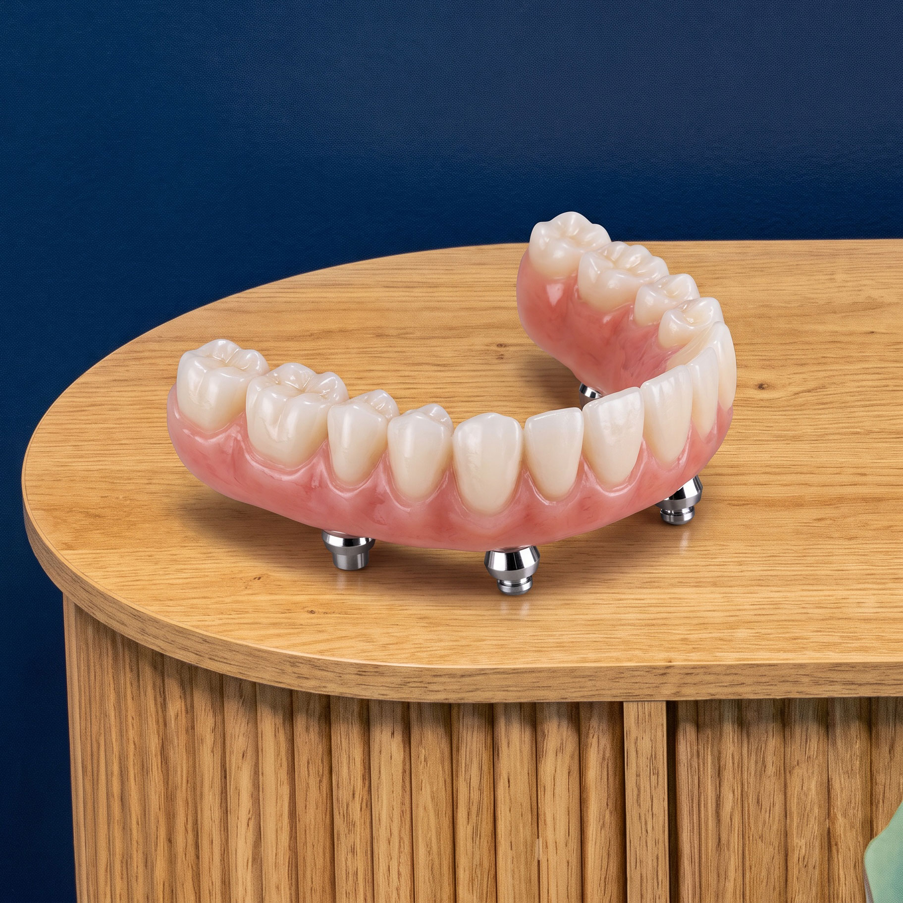 Implant supported dentures on wooden table