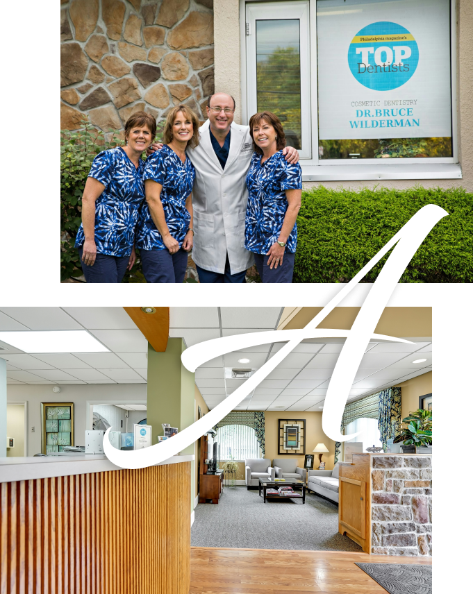 Image of Dr. Bruce Wilderman and staff, A logo, and office check in
