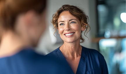 Smiling woman speaking with dental staff