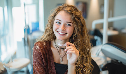 Young woman holding a clear aligner