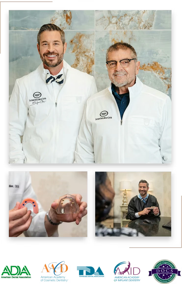 Collage of photos: dentists of Southern Dental Implant, models of teeth, accredidations