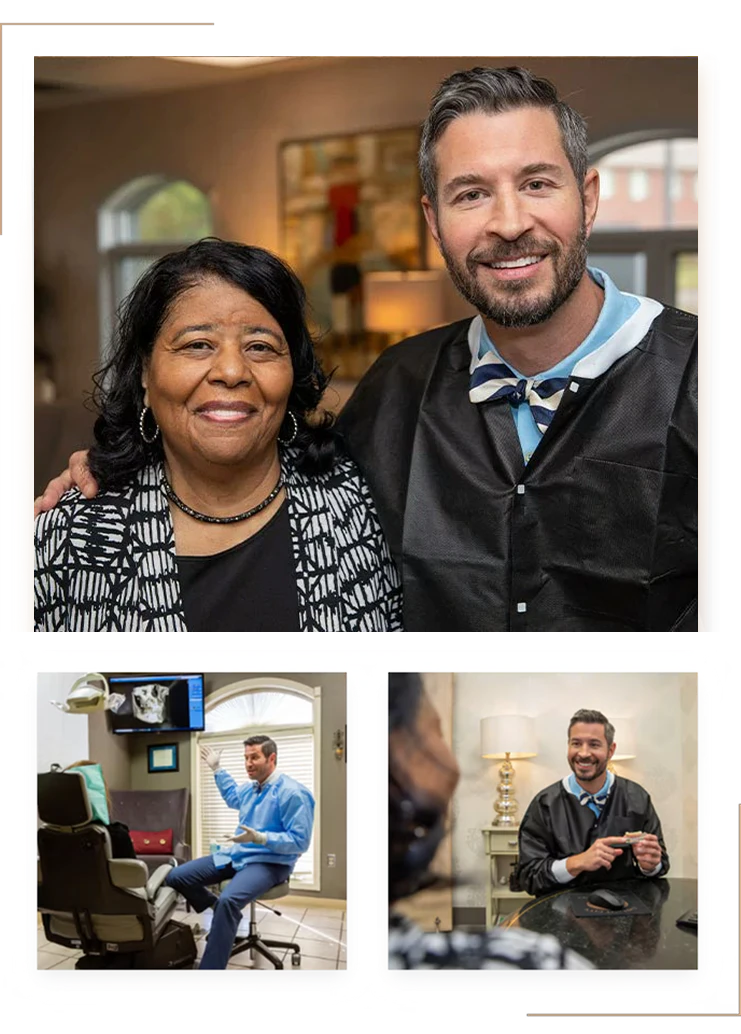 Collage of Dr. Collier with real patient smiling, showing xrays and model teeth