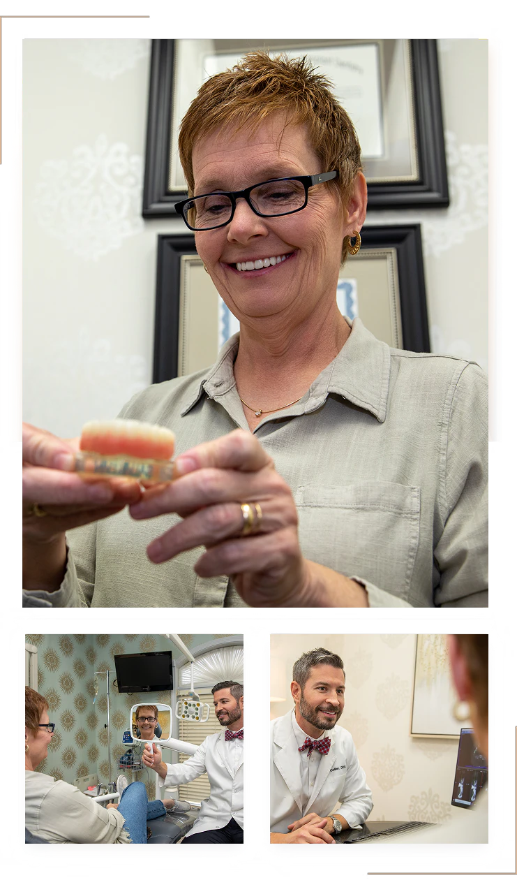 Collage: real patient looking at model teeth with Dr. Collier