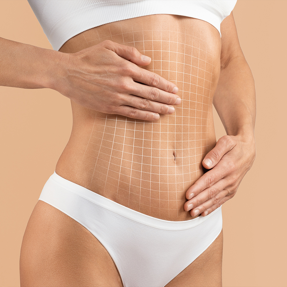 close up of a woman's stomach with topology lines