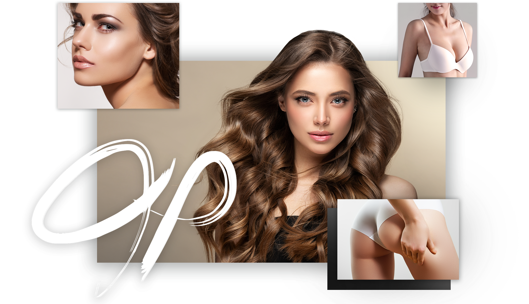 collage of women with brown hair and flawless skin, image of woman's rear and chest in undergarments