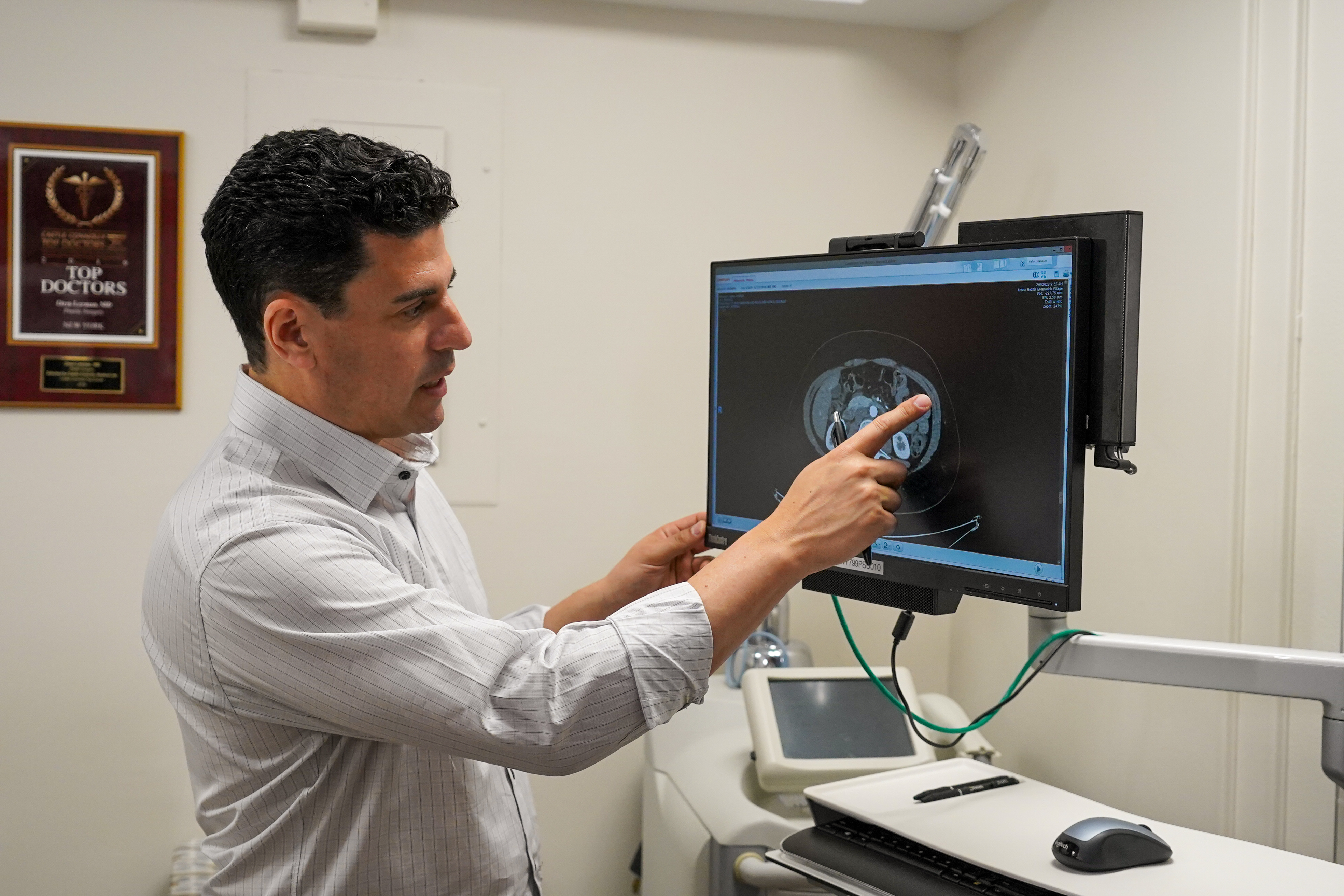 Dr. Lerman pointing to computer monitor