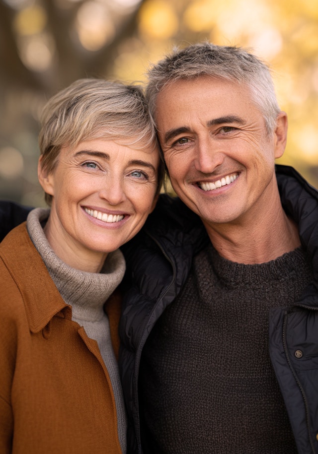 Smiling middle-aged couple with gray hair standing close together outdoors, wearing casual fall clothing with trees blurred in the background.