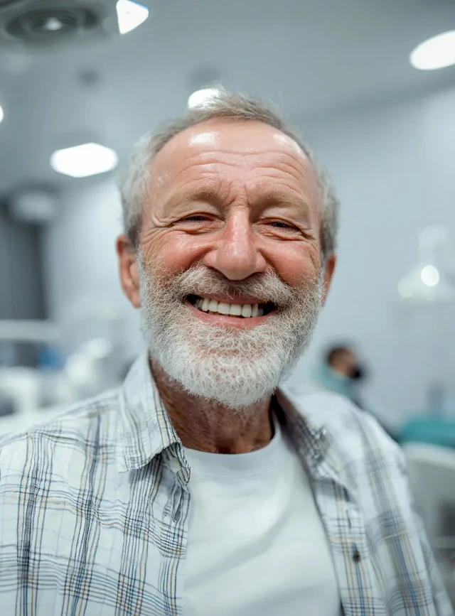 Smiling older man with a white beard wearing a plaid shirt, seated in a dental office with exam lights and treatment chairs in the background.