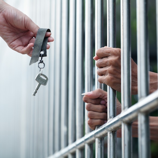 man with keys near hands sticking out of someone in a jail cell