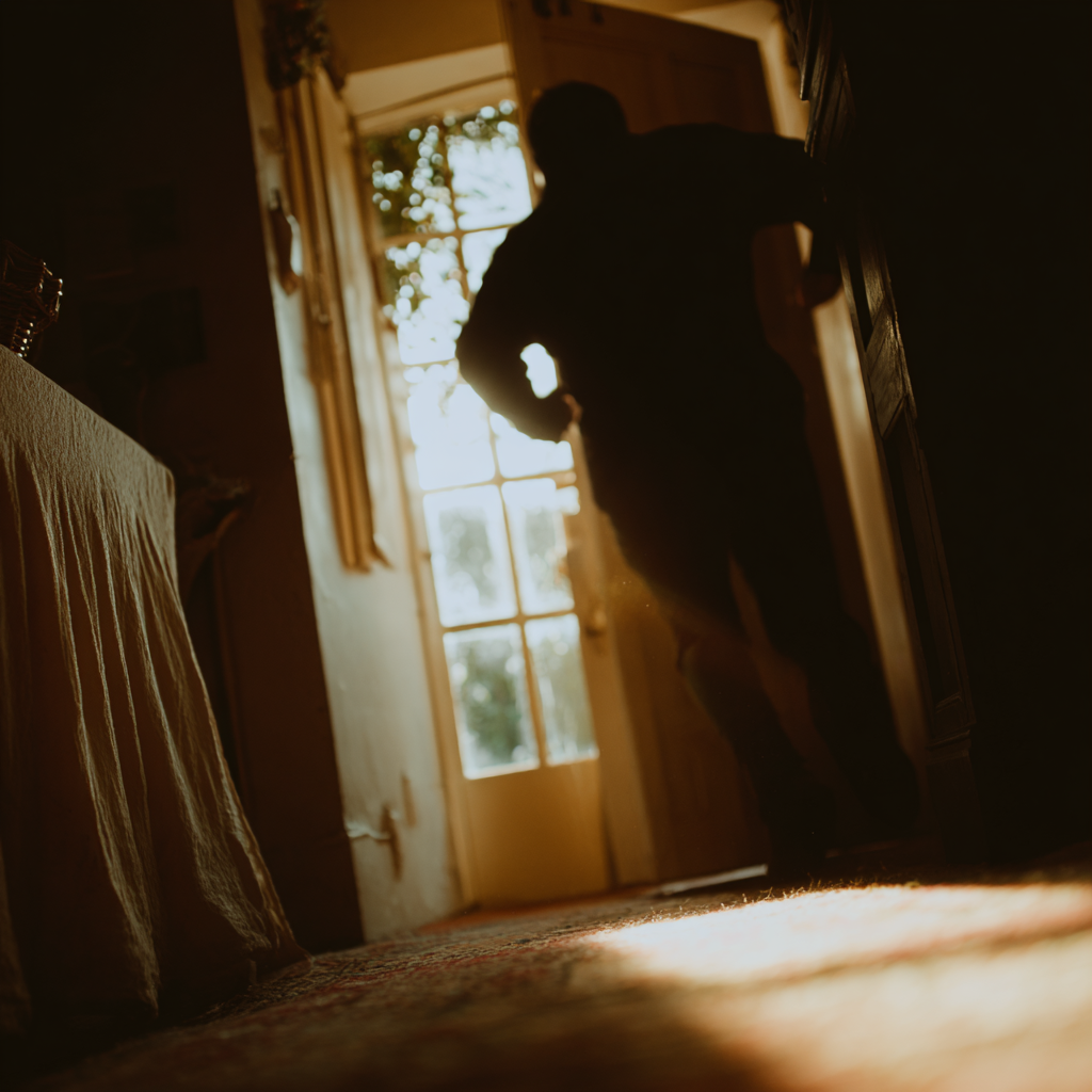 Burglar entering house after breaking in