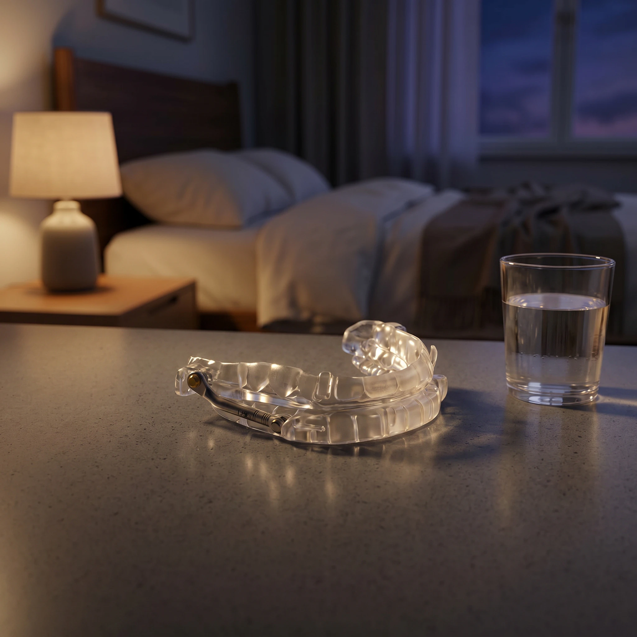 oral appliance and glass of water sitting on bedside table