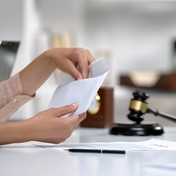 Person opening envelope with gavel in background