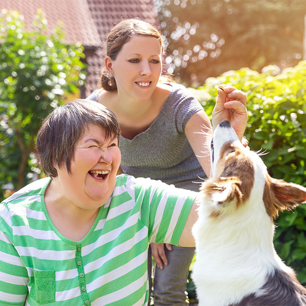 Disabled adult and friend feeding a dog