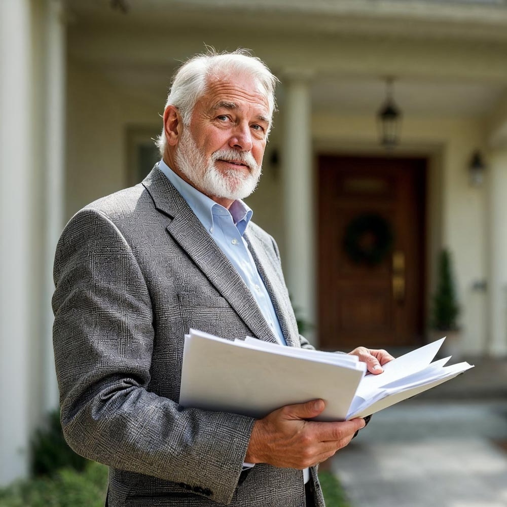 man holding documents outside a law firm