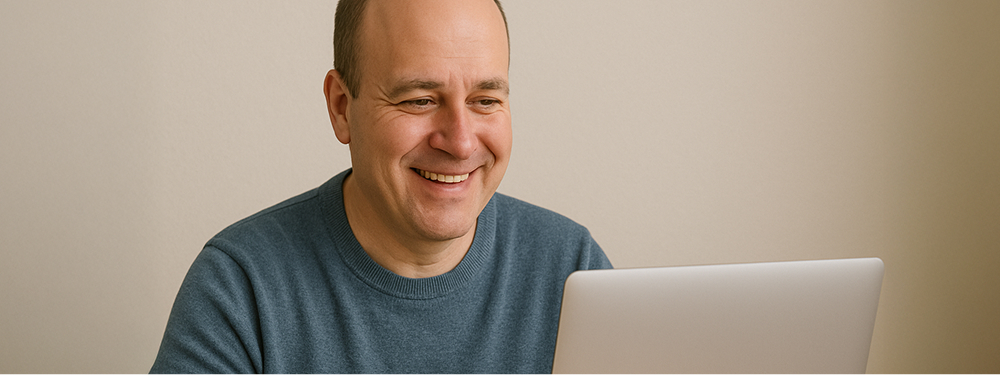 A balding man looking at a laptop