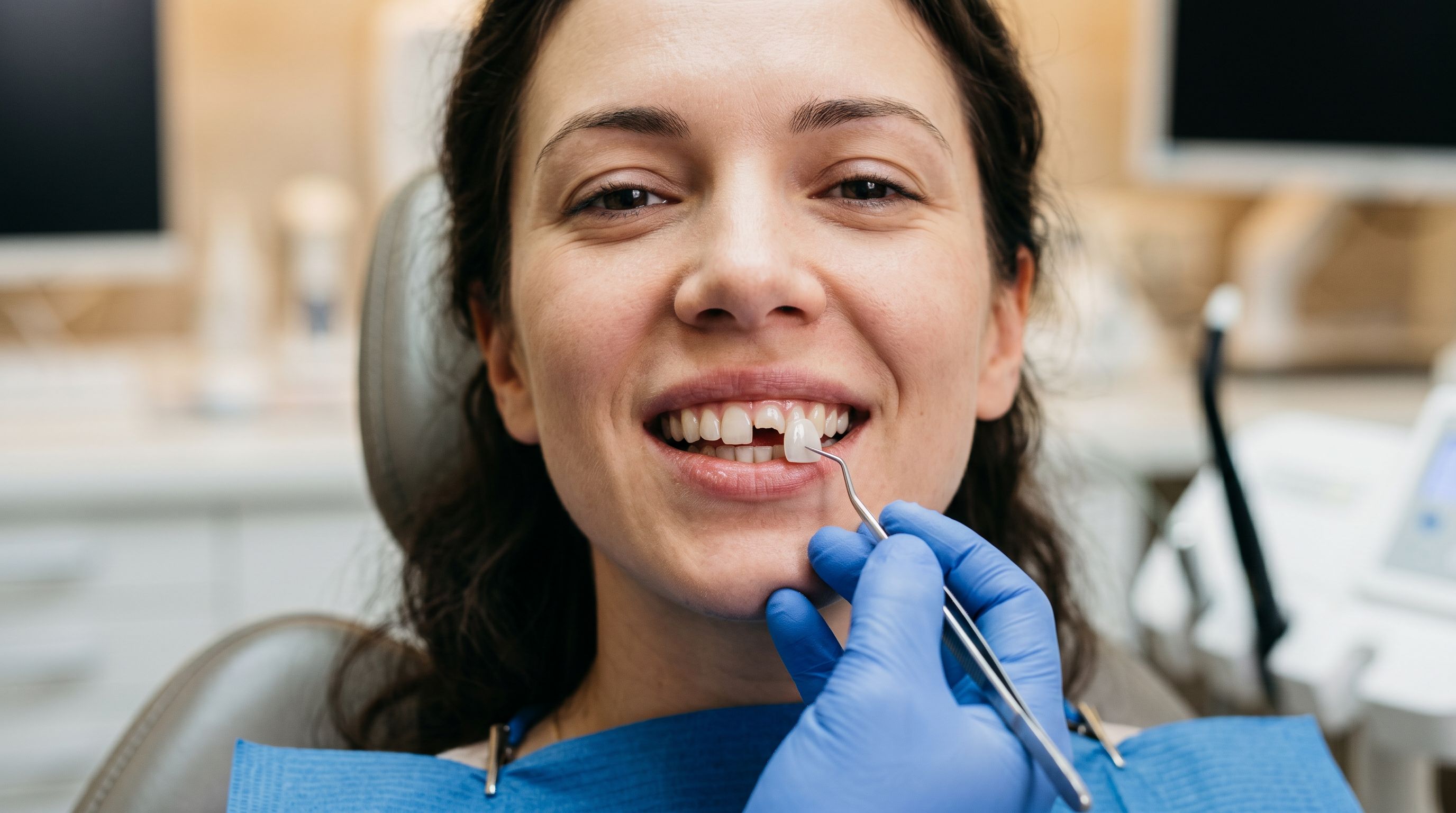 Woman getting a veneer placed over a chipped tooth