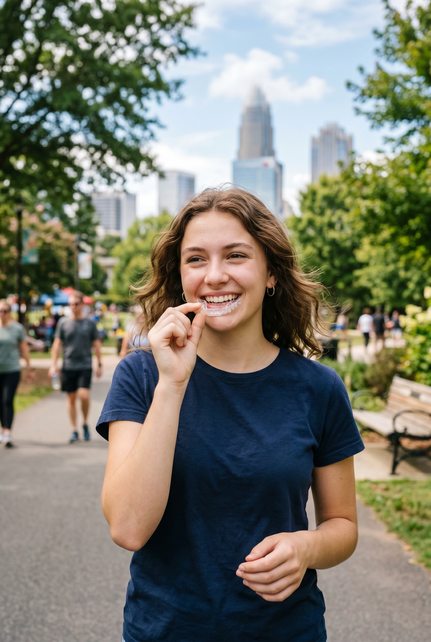 woman wearing invsalign in a park