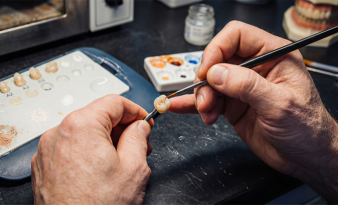 lab tech painting a dental crown