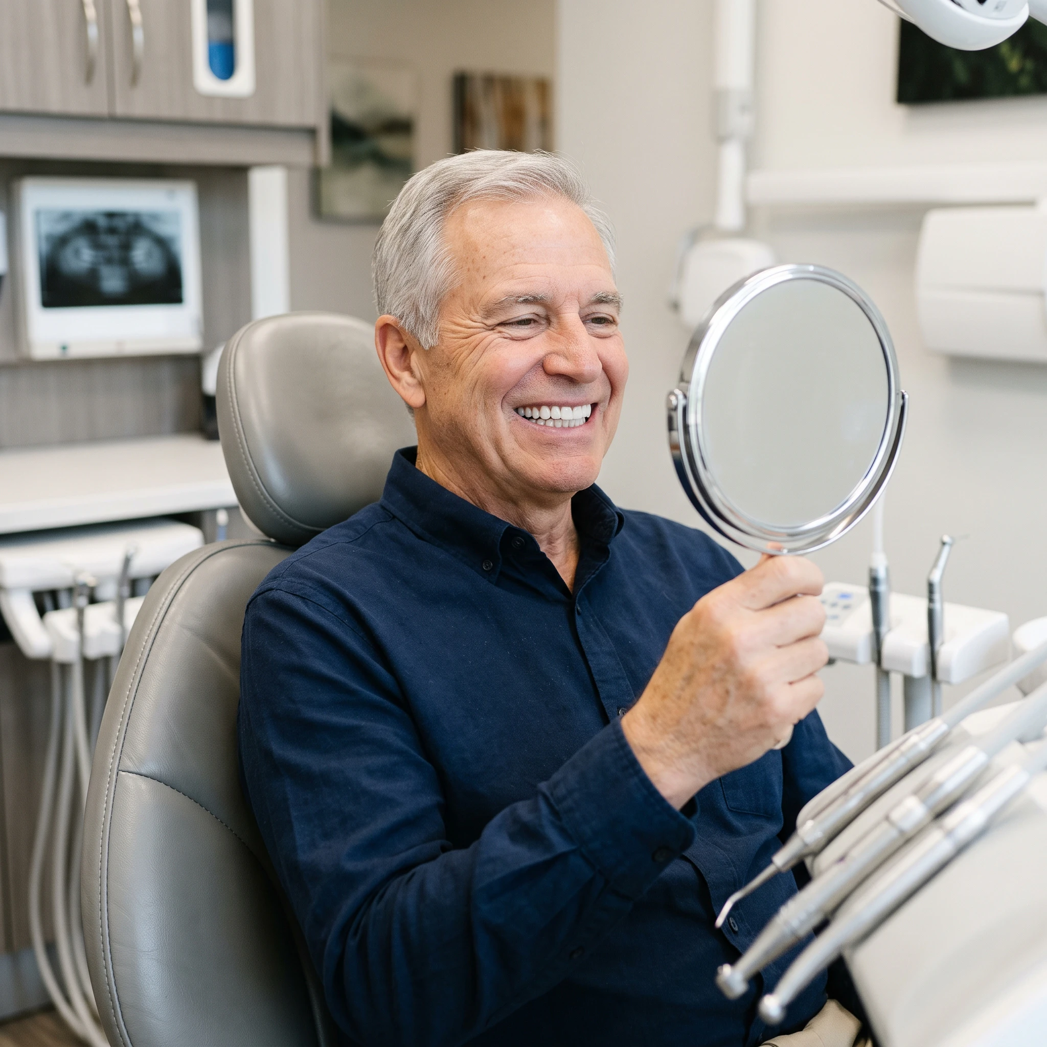 Man smiling into mirror in dental exam room