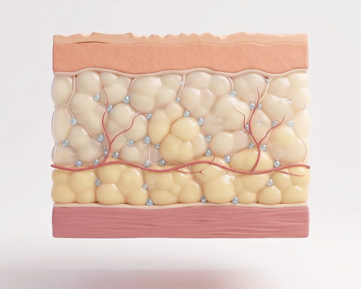 Illustrated cross-section showing tumescent solution infused throughout the fat layer