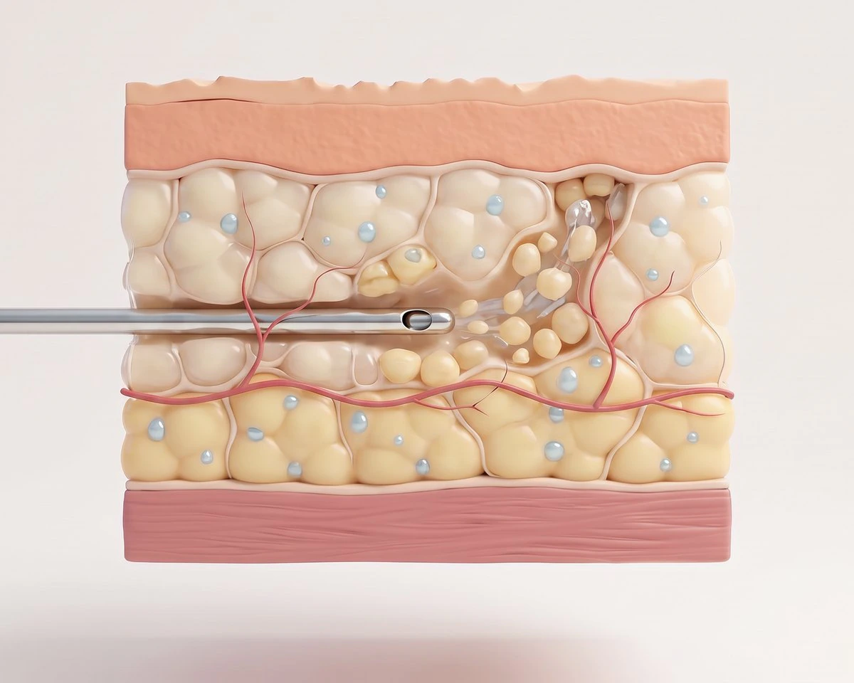Illustrated cross-section of a liposuction cannula gently removing loosened fat cells