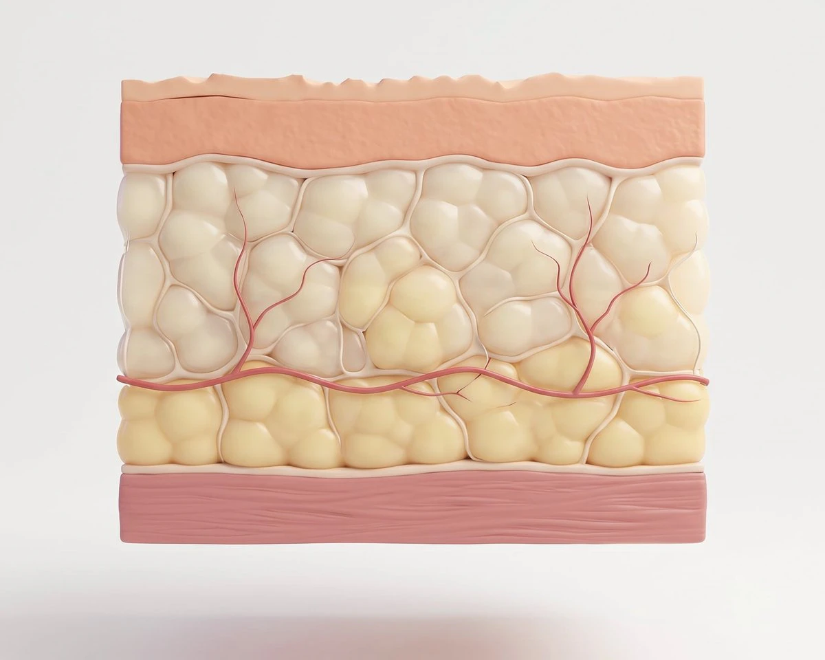 Illustrated cross-section of skin, fat, and muscle layers before tumescent liposuction